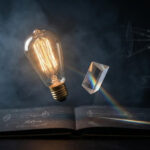 Conceptual photography setup with glowing prism and light symbolism