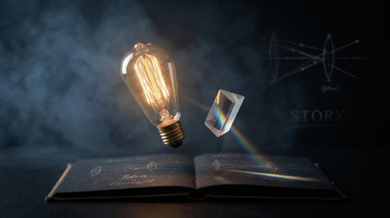 Conceptual photography setup with glowing prism and light symbolism
