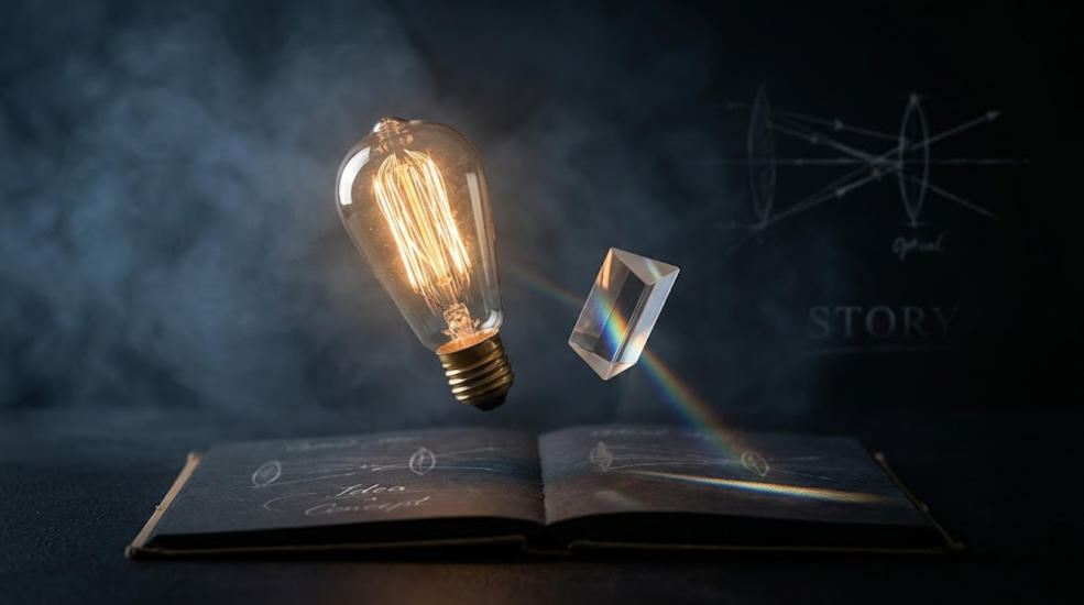 Conceptual photography setup with glowing prism and light symbolism